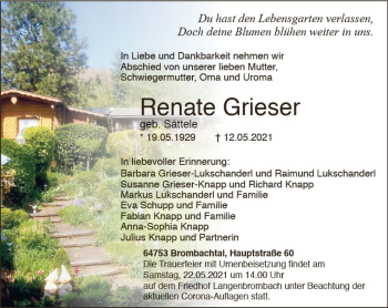 Traueranzeige von Renate Grieser von vrm-trauer