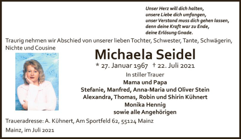  Traueranzeige für Michaela Seidel vom 31.07.2021 aus vrm-trauer