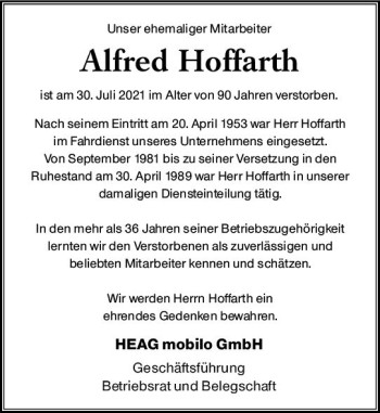 Traueranzeige von Alfred Hoffarth von vrm-trauer