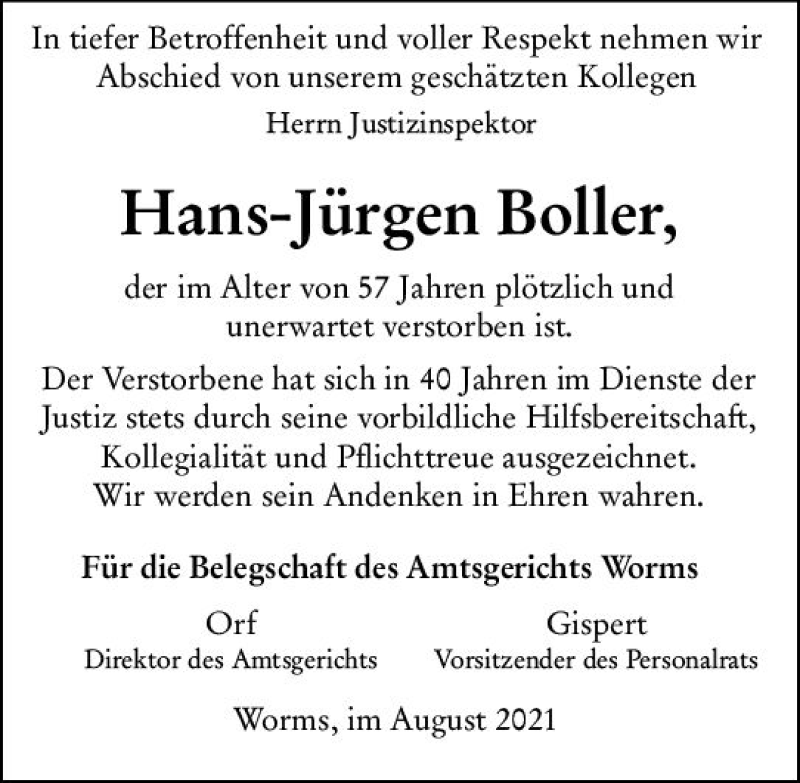  Traueranzeige für Hans-Jürgen Boller vom 07.08.2021 aus vrm-trauer