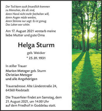 Traueranzeige von Helga Sturm von vrm-trauer