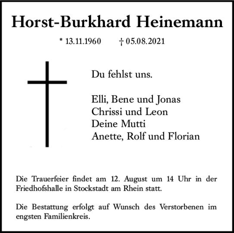  Traueranzeige für Horst-Burkhard Heinemann vom 11.08.2021 aus vrm-trauer