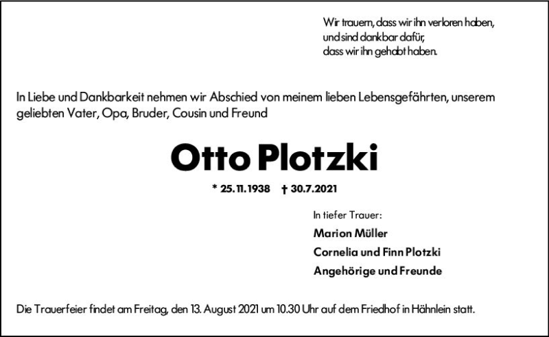  Traueranzeige für Otto Plotzki vom 07.08.2021 aus vrm-trauer