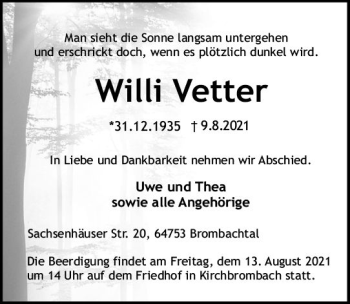 Traueranzeige von Willi Vetter von vrm-trauer