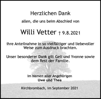 Traueranzeige von Willi Vetter von vrm-trauer