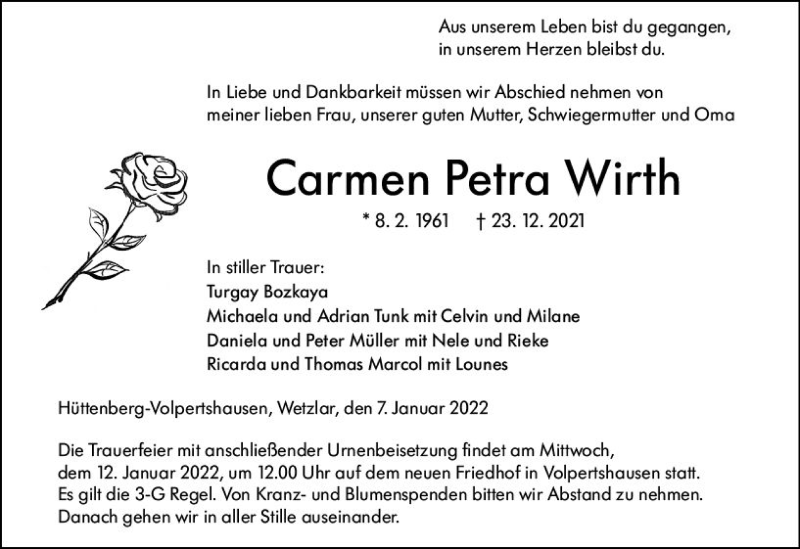 Traueranzeigen Von Carmen Wirth Vrm Trauerde 