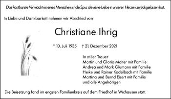 Traueranzeige von Christiane Ihrig von vrm-trauer Darmstädter Echo