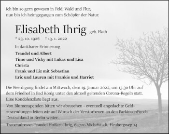 Traueranzeige von Elisabeth Ihrig von vrm-trauer Odenwälder Echo