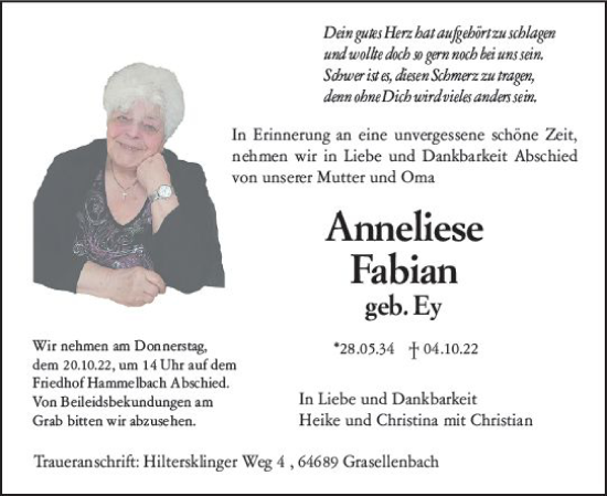 Traueranzeige von Anneliese Fabian von vrm-trauer Bürstädter/Lamperth. Ztg/Starkenburger