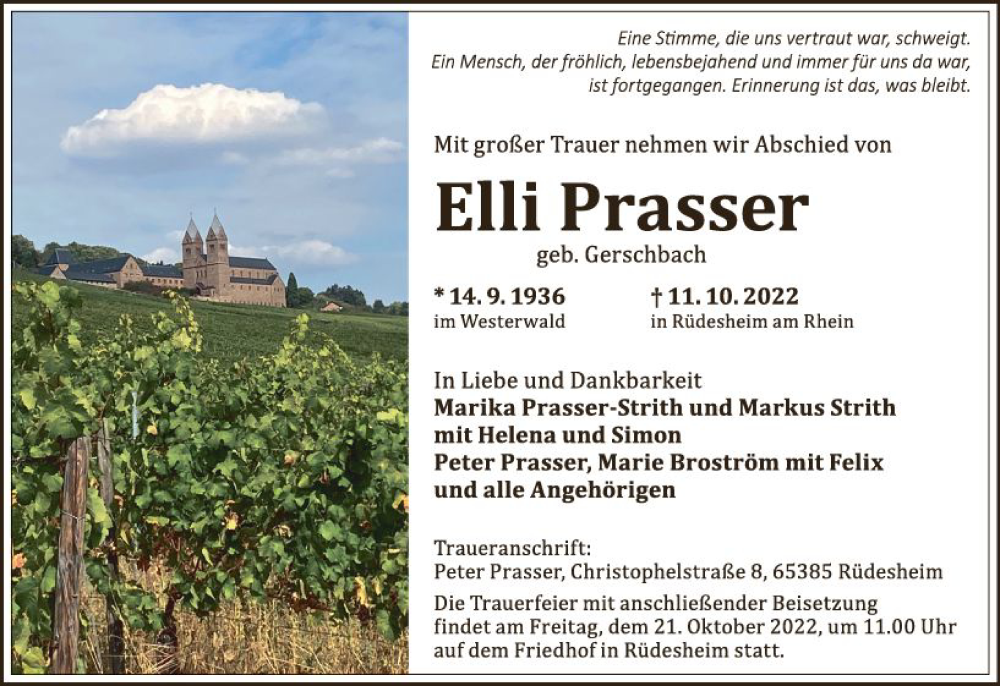 Traueranzeigen Von Elli Prasser | Www.vrm-trauer.de