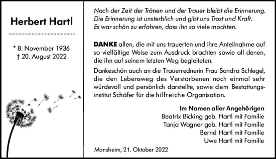 Traueranzeige von Herbert Hartl von vrm-trauer Wormser Zeitung