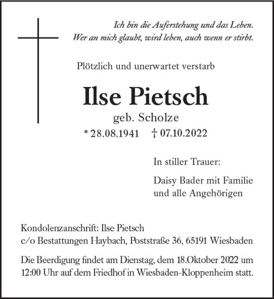  Traueranzeige für Ilse Pietsch vom 15.10.2022 aus vrm-trauer Wiesbadener Kurier