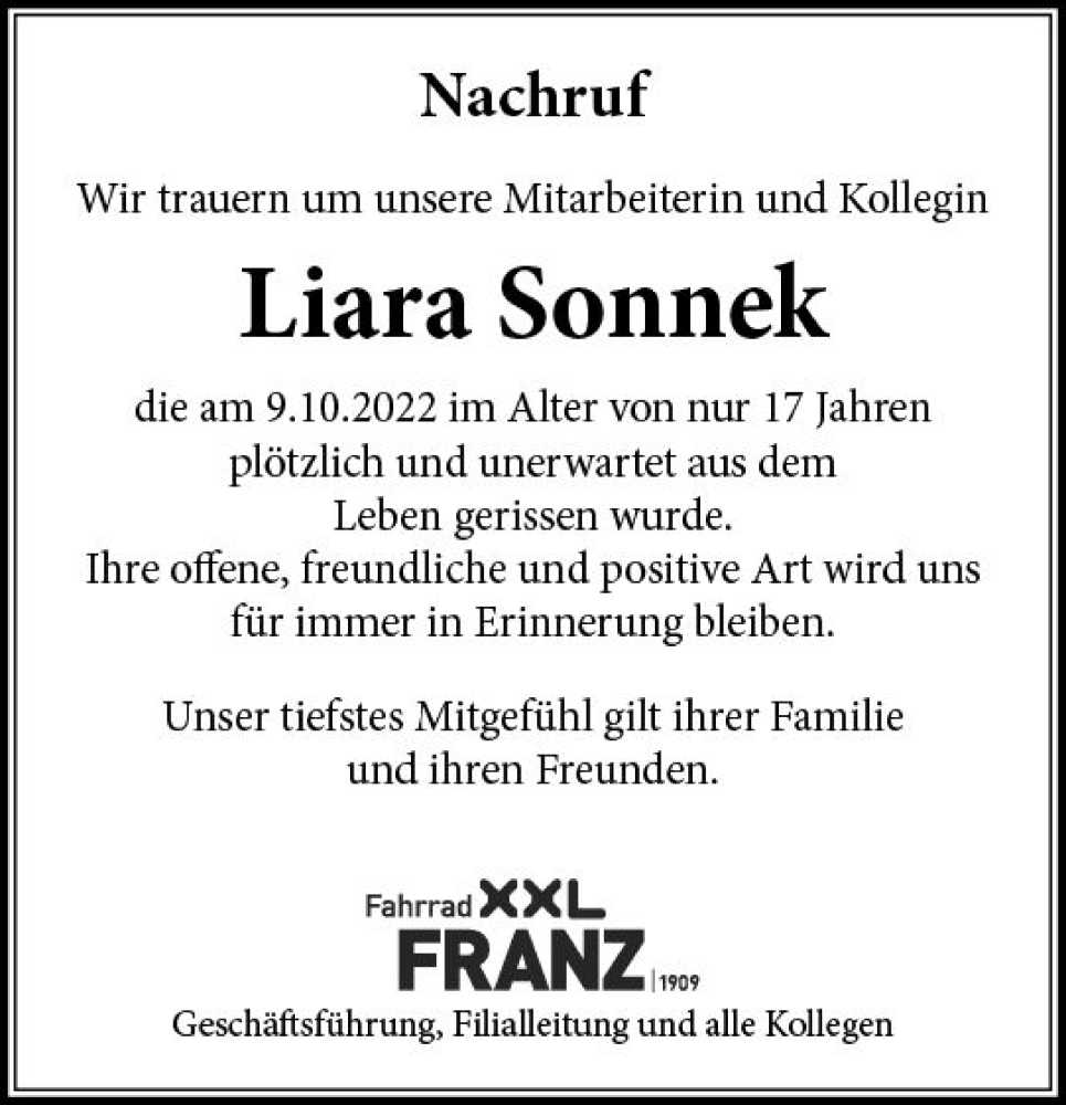  Traueranzeige für Liara Sonnek vom 22.10.2022 aus vrm-trauer Darmstädter Echo