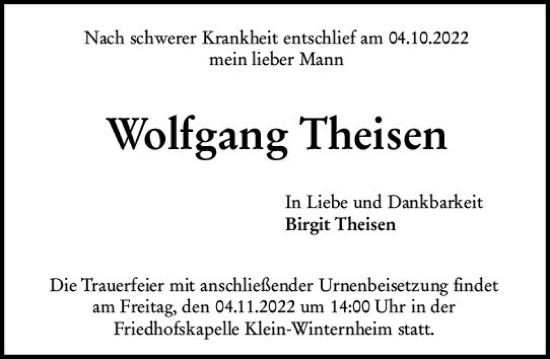 Traueranzeige von Wolfgang Theisen von vrm-trauer AZ Mainz