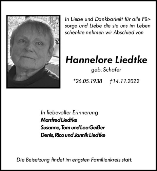 Traueranzeige von Hannelore Liedtke von vrm-trauer Bergsträßer Anzeiger