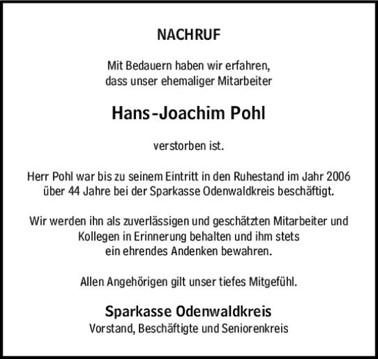 Traueranzeige von Hans-Joachim Pohl von vrm-trauer Odenwälder Echo