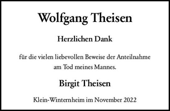 Traueranzeige von Wolfgang Theisen von vrm-trauer AZ Mainz