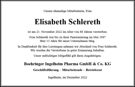 Traueranzeige von Elisabeth Schlereth von vrm-trauer Allgemeine  Zeitung Ingelheim-Bingen