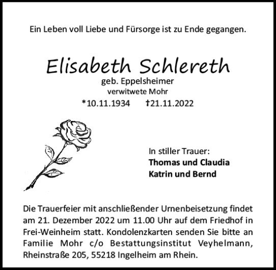 Traueranzeige von Elisabeth Schlereth von vrm-trauer Allgemeine  Zeitung Ingelheim-Bingen