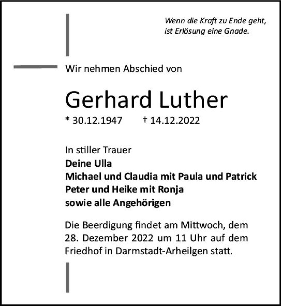 Traueranzeigen Von Gerhard Luther | Www.vrm-trauer.de