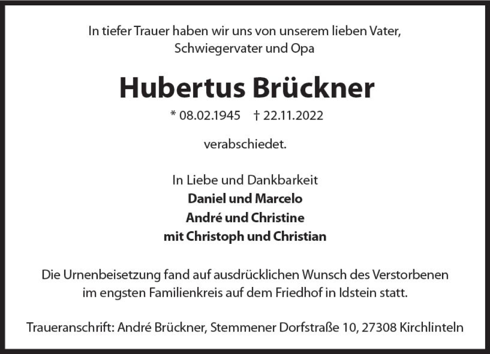  Traueranzeige für Hubertus Brückner vom 03.12.2022 aus vrm-trauer Wiesbadener Kurier