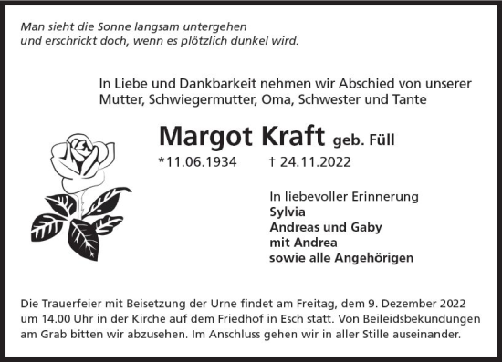 Traueranzeige von Margot Kraft von vrm-trauer Idsteiner Zeitung