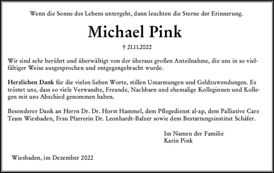 Traueranzeige von Michael Pink von vrm-trauer Wiesbadener Kurier