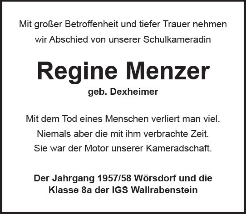  Traueranzeige für Regine Menzer vom 24.12.2022 aus vrm-trauer Idsteiner Zeitung