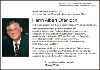 Traueranzeige von Albert Ofenloch von vrm-trauer Bürstädter/Lamperth. Ztg/Starkenburger