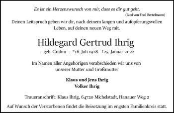 Traueranzeige von Hildegard Gertrud Ihrig von vrm-trauer Odenwälder Echo