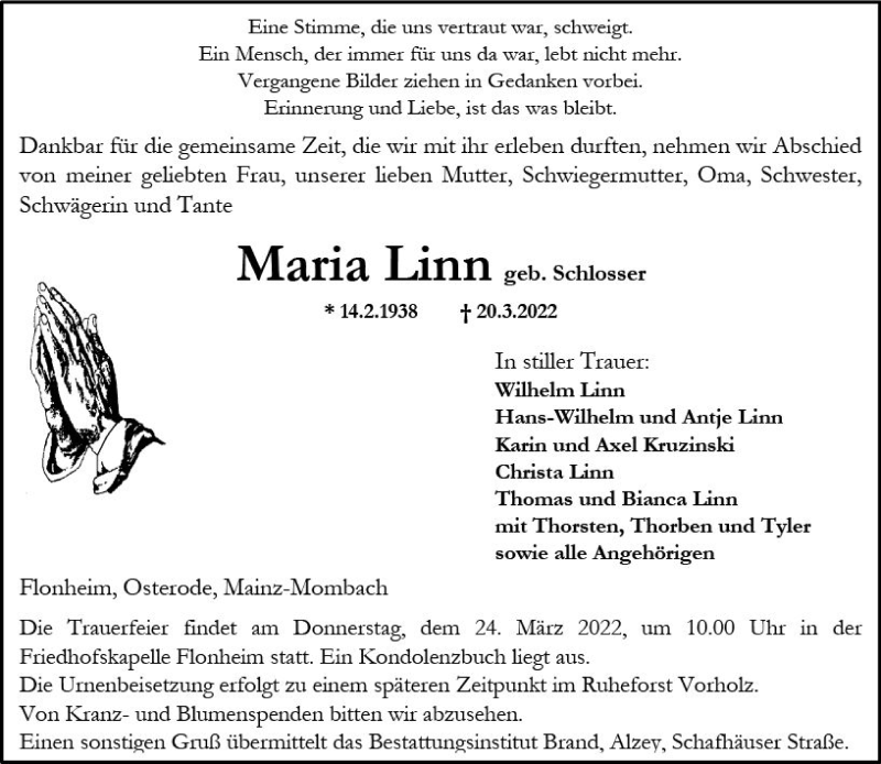  Traueranzeige für Maria Linn vom 23.03.2022 aus vrm-trauer Allgemeine Zeitung Alzey