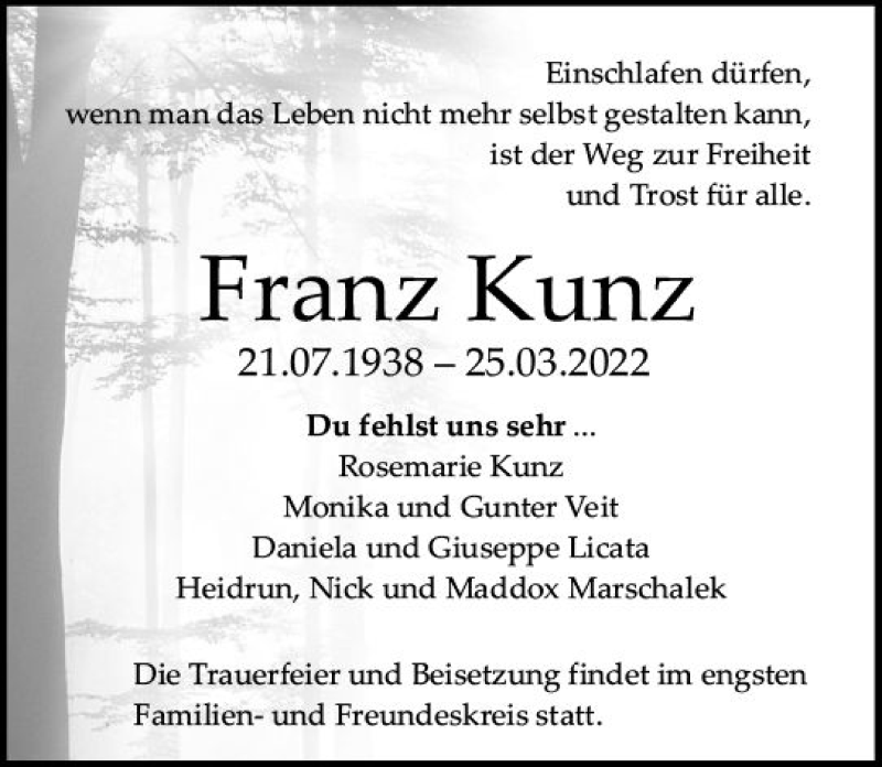 Traueranzeigen Von Franz Kunz Vrm Trauer De