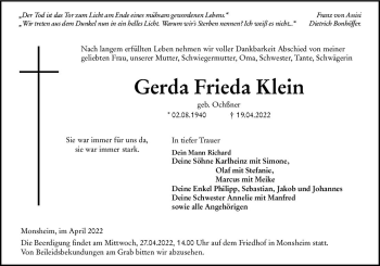 Traueranzeige von Gerda Frieda Klein von vrm-trauer Wormser Zeitung