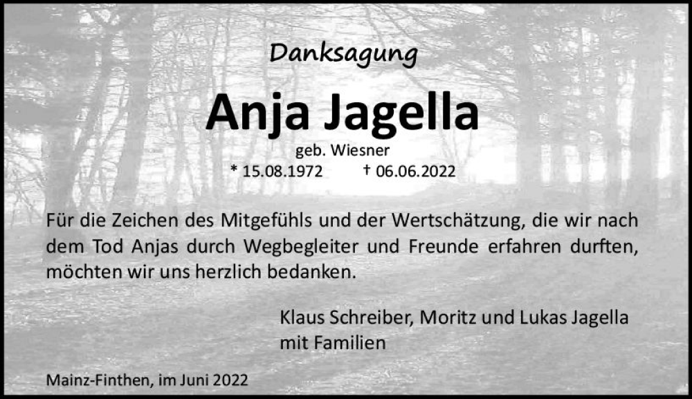  Traueranzeige für Anja Jagella vom 25.06.2022 aus vrm-trauer AZ Mainz