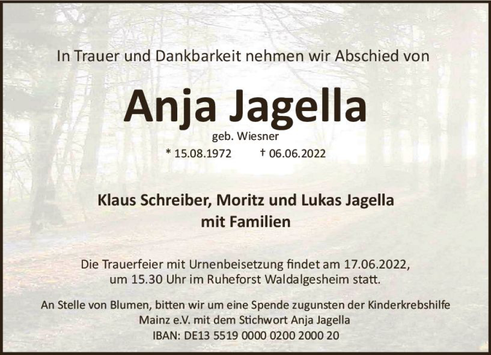  Traueranzeige für Anja Jagella vom 11.06.2022 aus vrm-trauer AZ Mainz