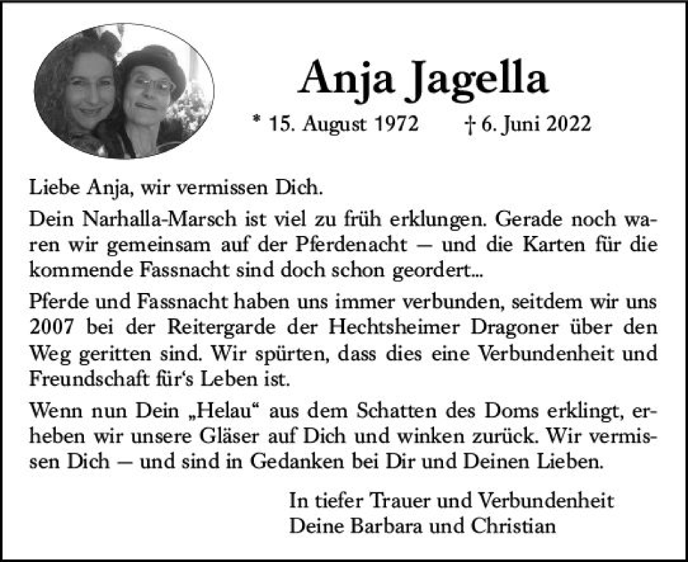  Traueranzeige für Anja Jagella vom 11.06.2022 aus vrm-trauer AZ Mainz