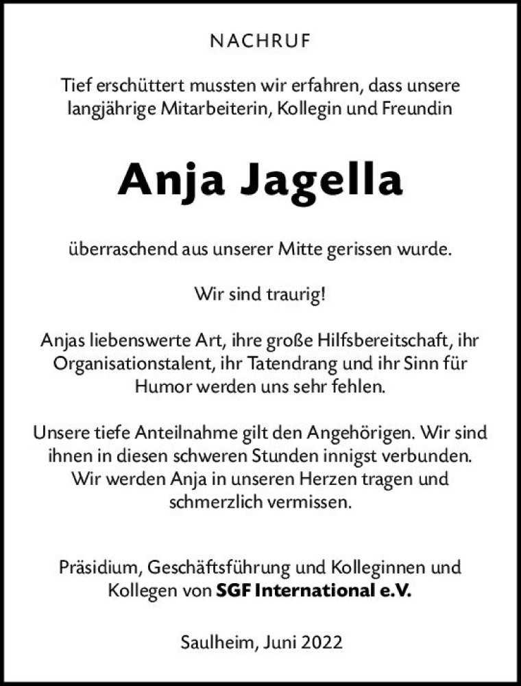  Traueranzeige für Anja Jagella vom 13.06.2022 aus vrm-trauer AZ Mainz