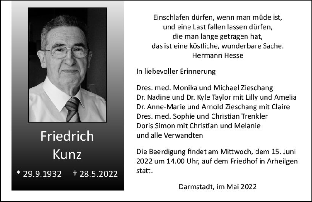 Traueranzeigen Von Friedrich Kunz Vrm Trauer De