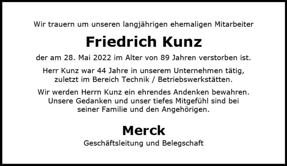 Traueranzeigen Von Friedrich Kunz Vrm Trauer De