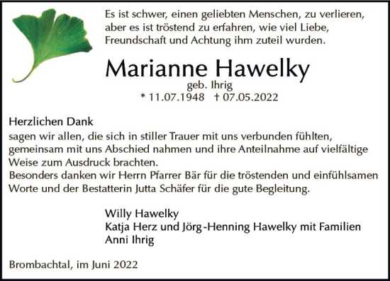 Traueranzeige von Marianne Hawelky von vrm-trauer Odenwälder Echo