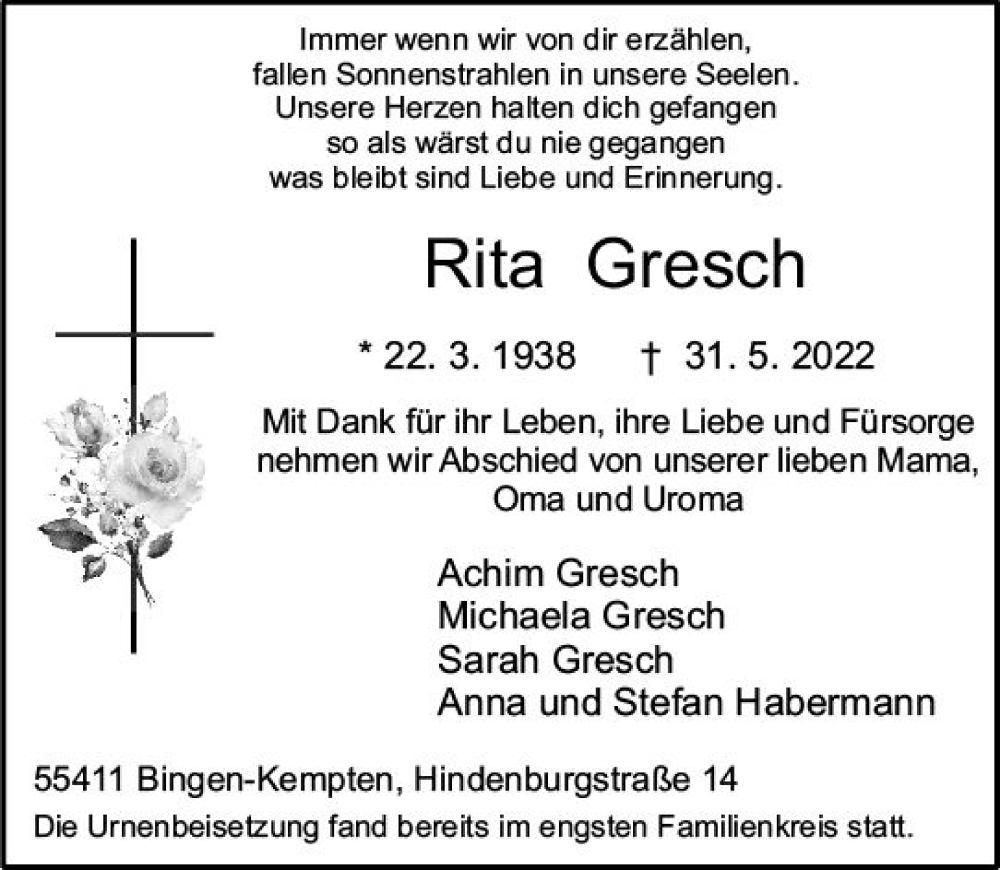 Traueranzeigen Von Rita Gresch Vrm Trauer De