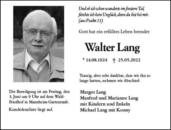 Traueranzeige von Walter Lang von vrm-trauer Wormser Zeitung