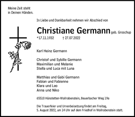 Traueranzeige von Christiane Germann von vrm-trauer Idsteiner Zeitung