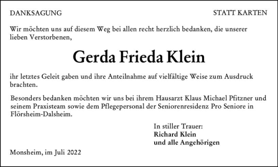 Traueranzeige von Gerda Frieda Klein von vrm-trauer Wormser Zeitung