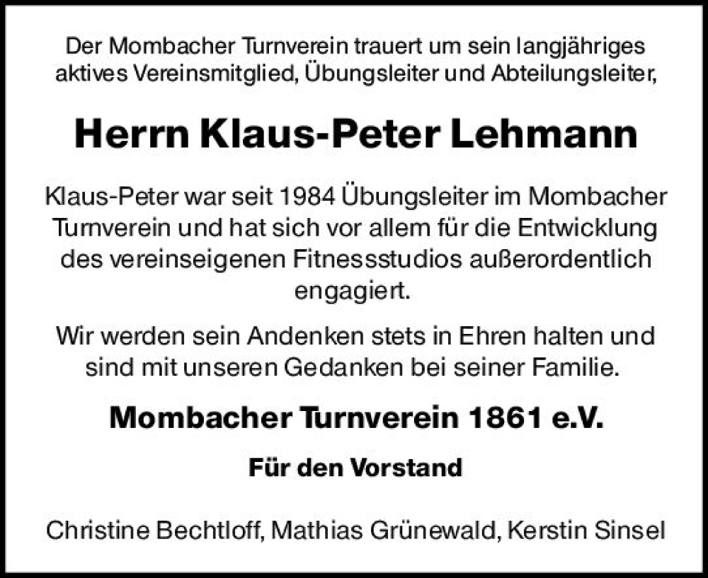  Traueranzeige für Klaus-Peter Lehmann vom 02.07.2022 aus vrm-trauer AZ Mainz