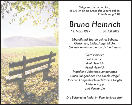 Traueranzeige von Bruno Heinrich von vrm-trauer Wiesbadener Kurier