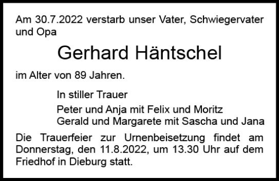 Traueranzeige von Gerhard Häntschel von vrm-trauer DieburgerAnzeiger/Groß-Zimmerner Lokala