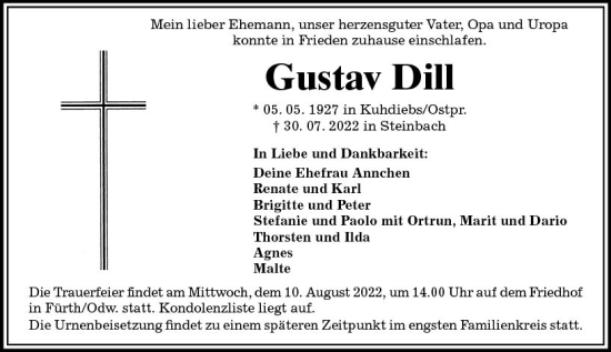 Traueranzeige von Gustav Dill von vrm-trauer Bürstädter/Lamperth. Ztg/Starkenburger