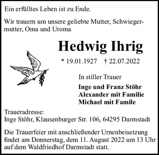 Traueranzeige von Hedwig Ihrig von vrm-trauer Odenwälder Echo