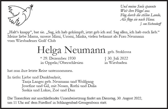 Traueranzeige von Helga Neumann von vrm-trauer Wiesbadener Kurier